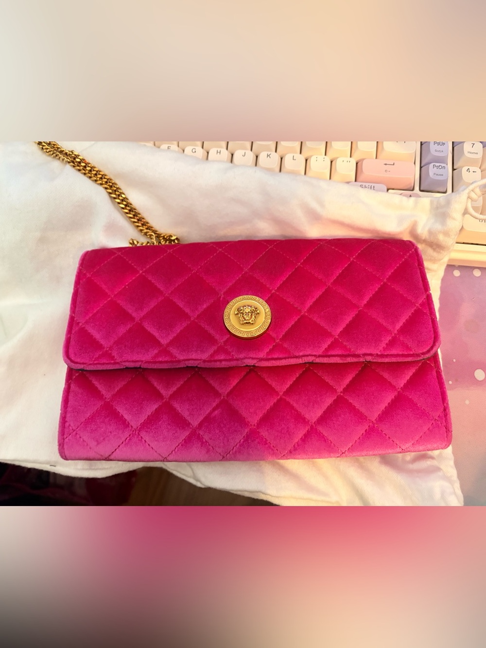 Versace Hot Pink Quilted Velvet Crossbody with Gold Medusa